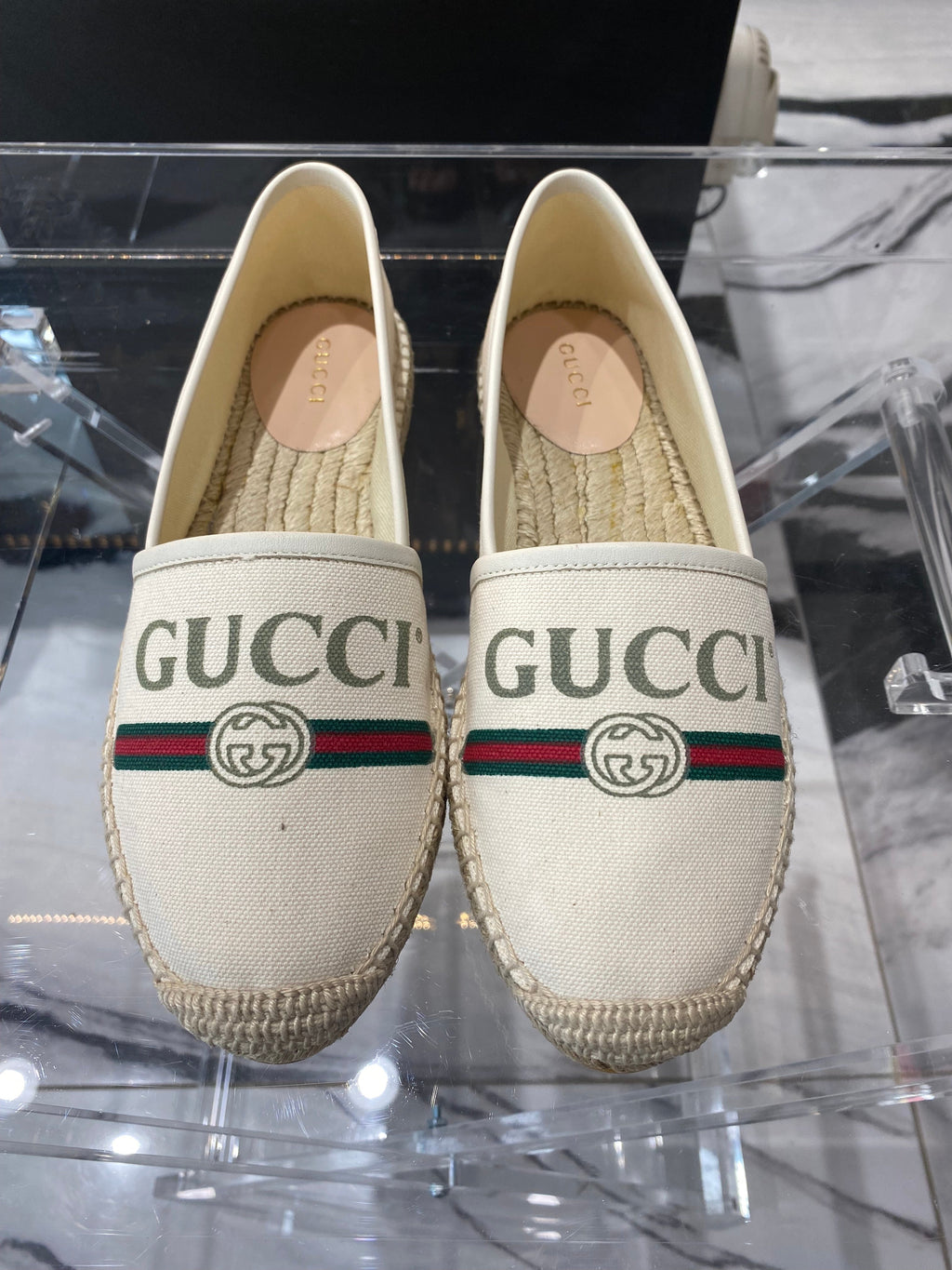 GUCCI GG LOGO WEB LEATHER TRIMMED CANVAS ESPADRILLES