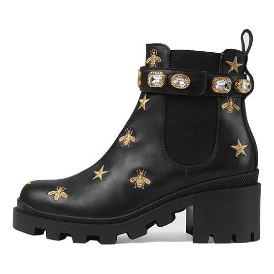 GUCCI STAR AND BEE EMBROIDERED LEATHER BOOTS