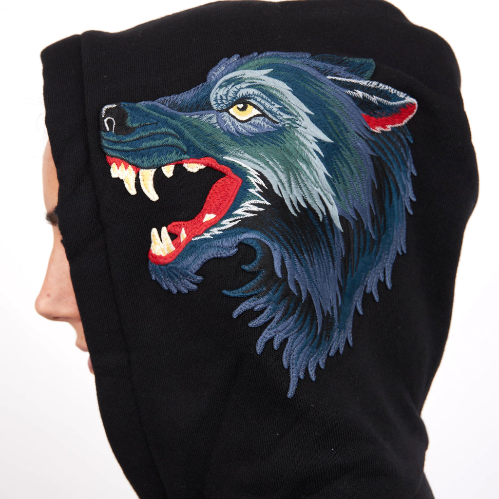GUCCI METALLIC WEB LOGO HOODED WOLF PRINT SWEATSHIRT