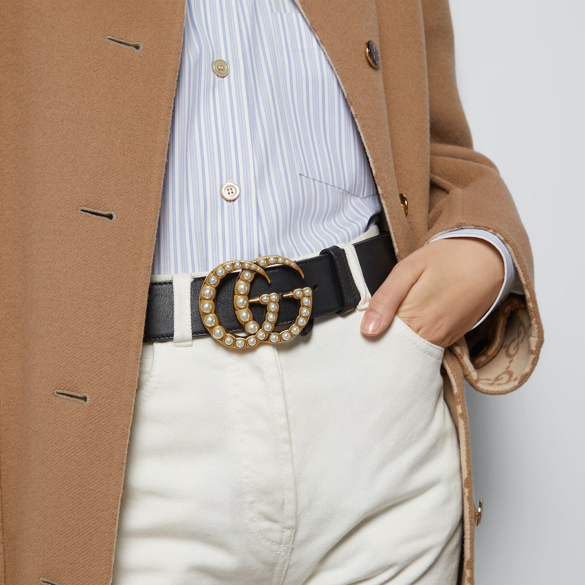 GUCCI JUMBO GG MOON PEARL CALFSKIN LEATHER BELT