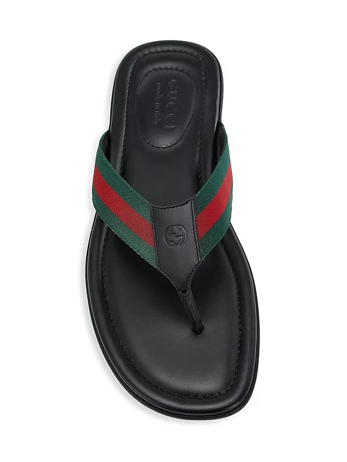 GUCCI WEB LEATHER THONG SLIDE SANDALS