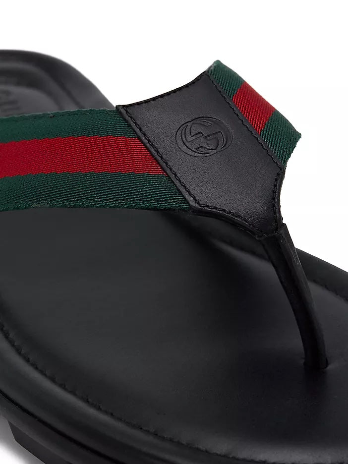 GUCCI WEB LEATHER THONG SLIDE SANDALS