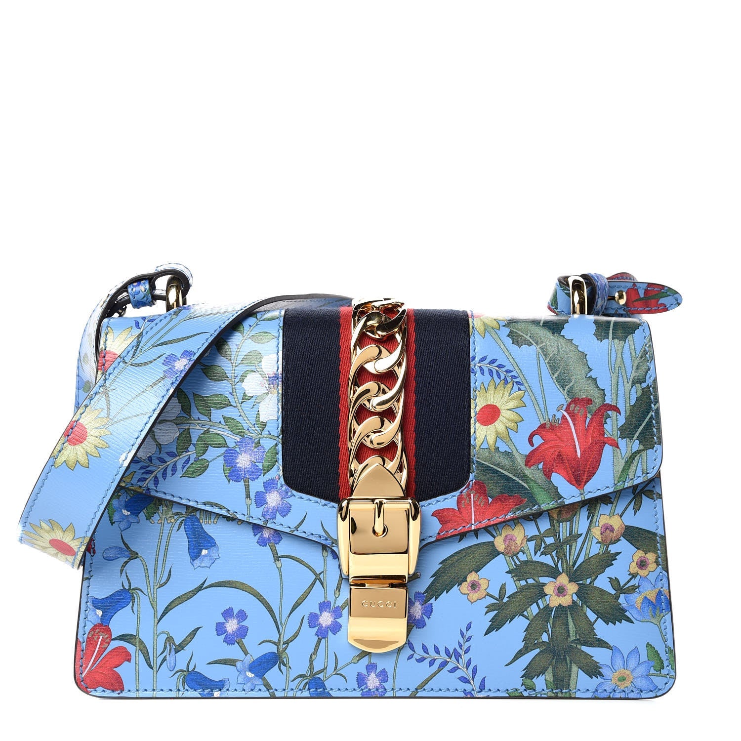 GUCCI SYLVIE BLUE AZURE FLORA CALFSKIN LEATHER SHOULDER BAG