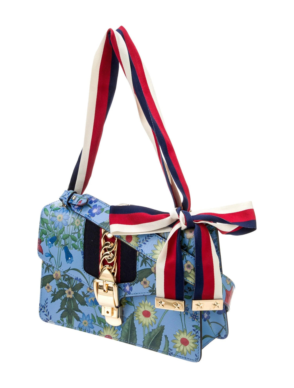 GUCCI SYLVIE BLUE AZURE FLORA CALFSKIN LEATHER SHOULDER BAG