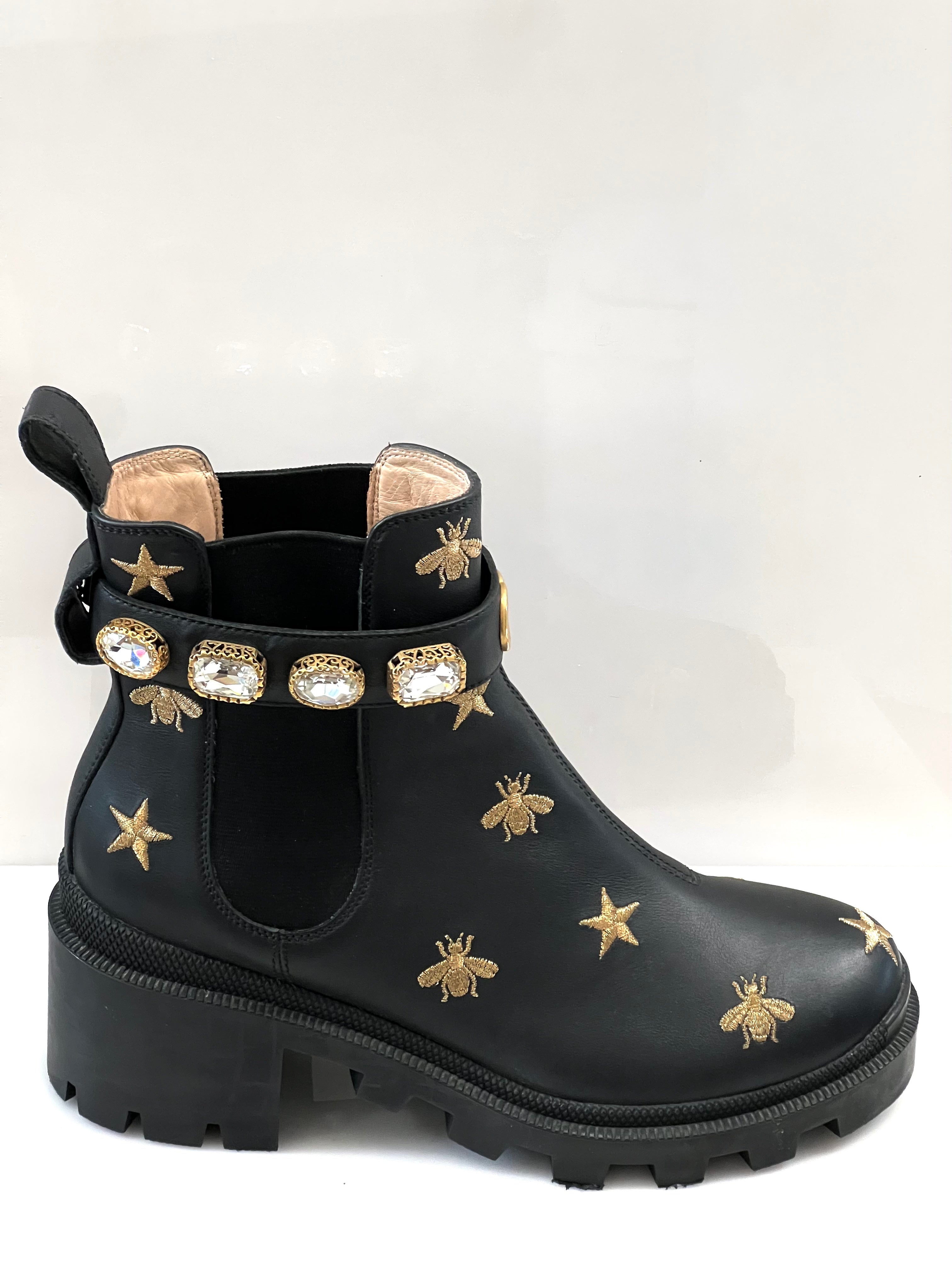 GUCCI STAR AND BEE EMBROIDERED LEATHER BOOTS