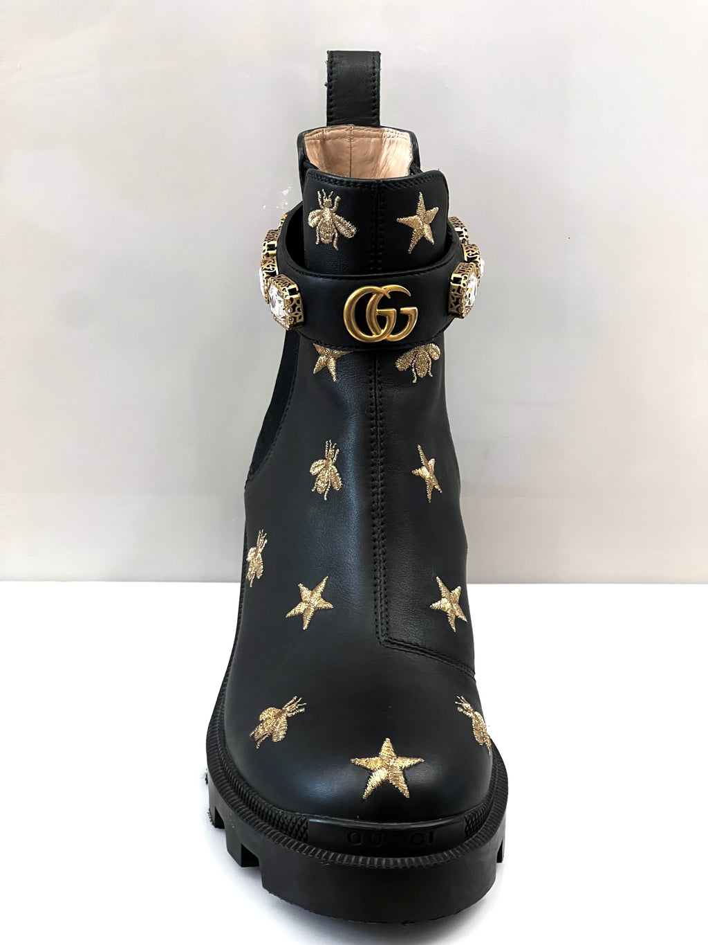 GUCCI STAR AND BEE EMBROIDERED LEATHER BOOTS