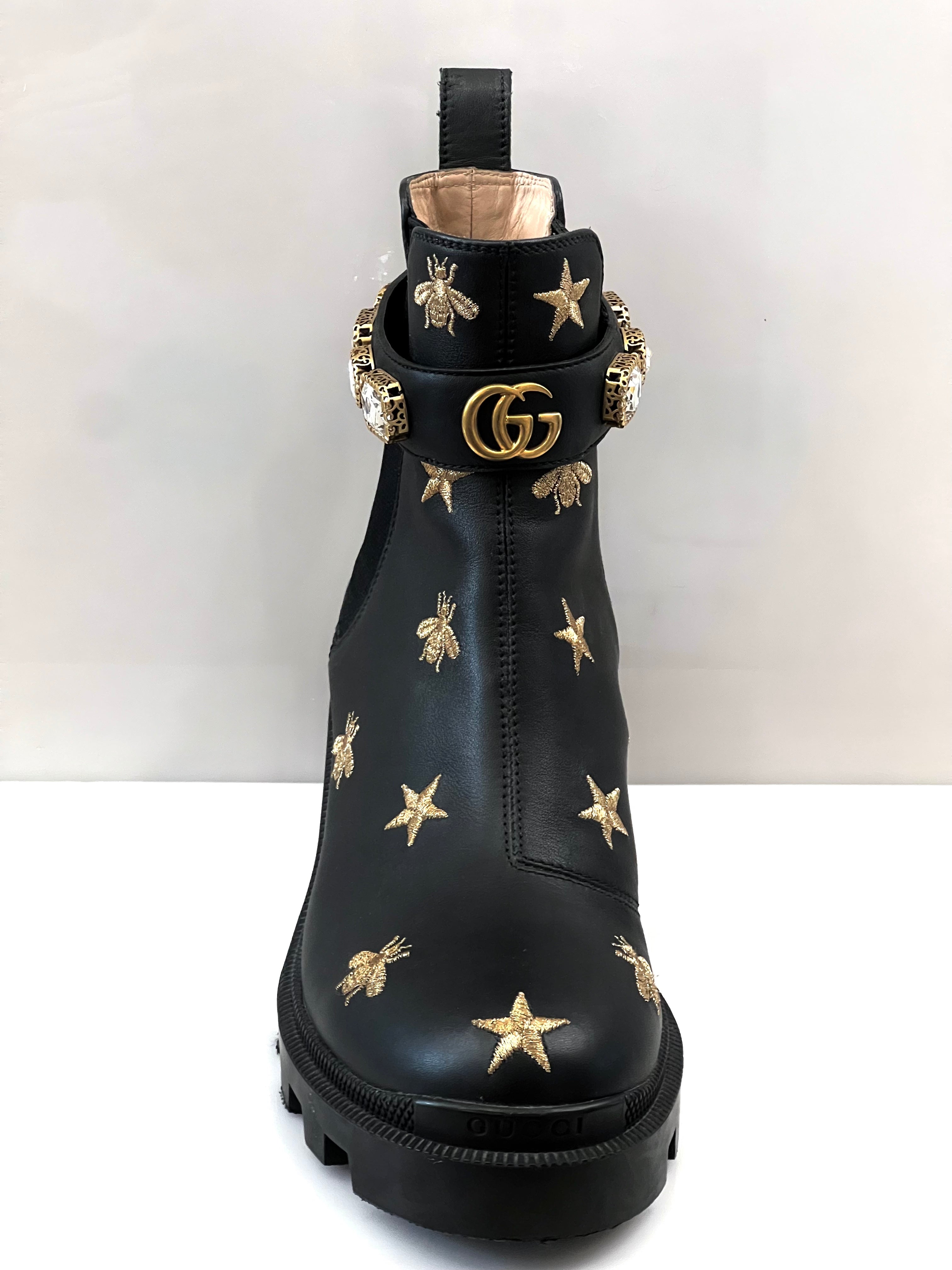 GUCCI STAR AND BEE EMBROIDERED LEATHER BOOTS