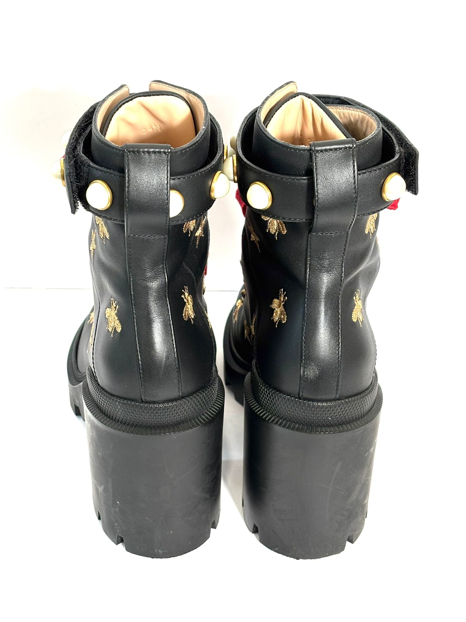 GUCCI CALFSKIN EMBROIDERED LACE UP COMBAT BOOTS