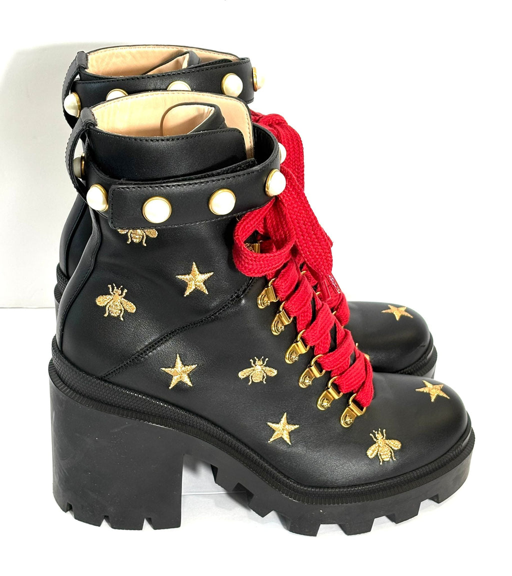 GUCCI CALFSKIN EMBROIDERED LACE UP COMBAT BOOTS