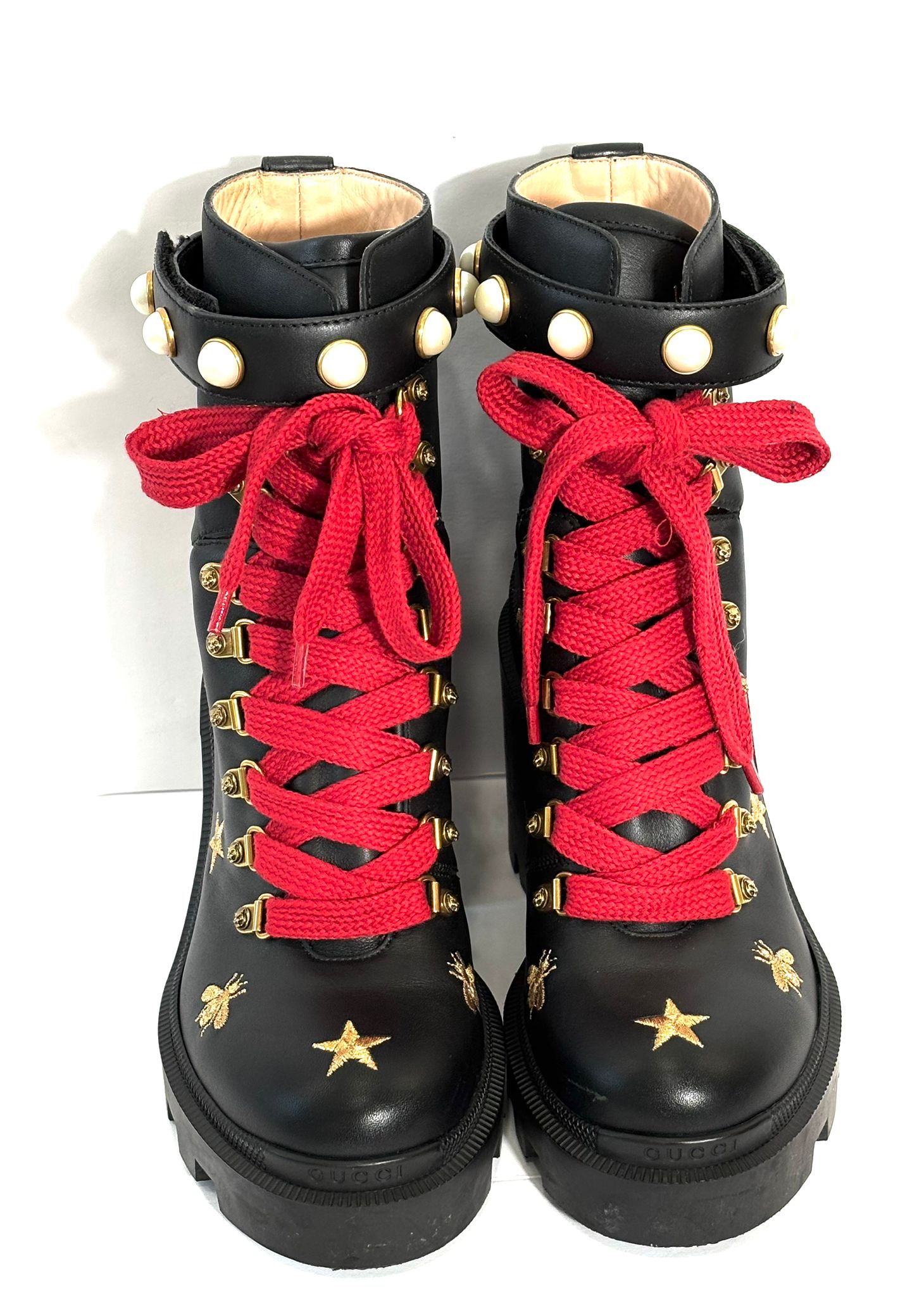 GUCCI CALFSKIN EMBROIDERED LACE UP COMBAT BOOTS