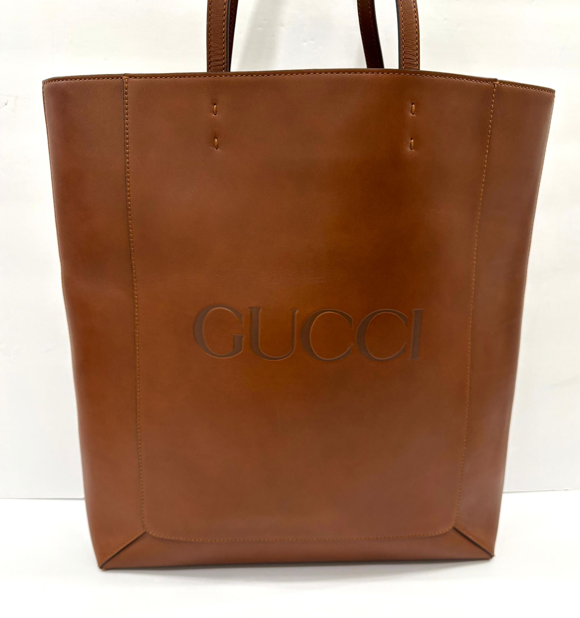 GUCCI LOGO EMBOSSED CALFSKIN LEATHER SHOPPER TOTE BAG