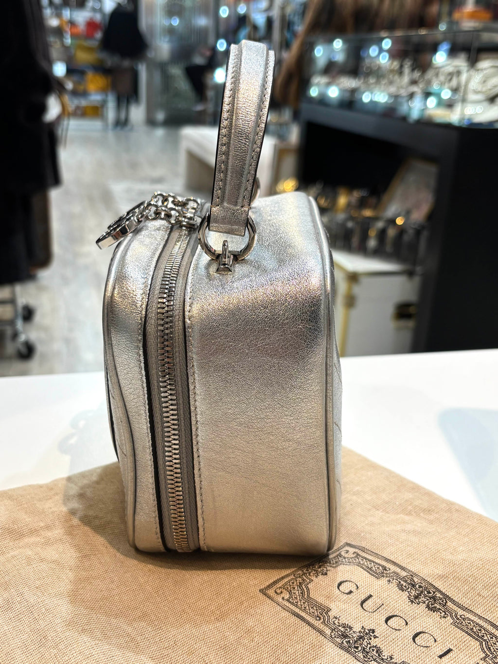 GUCCI BLONDIE METALLIC LEATHER TOP HANDLE BAG WITH STRAP