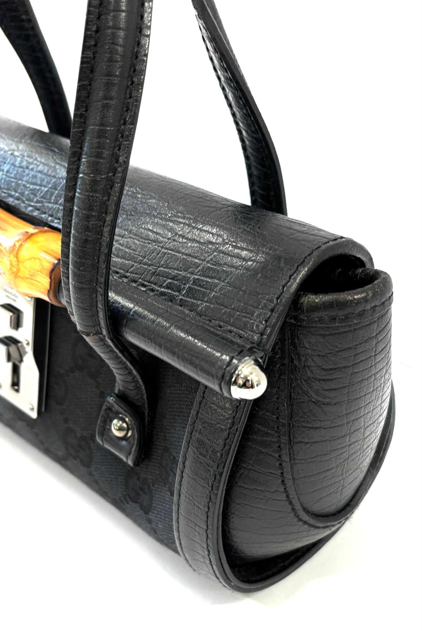 GUCCI SMALL GG MONOGRAM CALFSKIN LEATHER CANVAS BAMBOO BULLET BAG