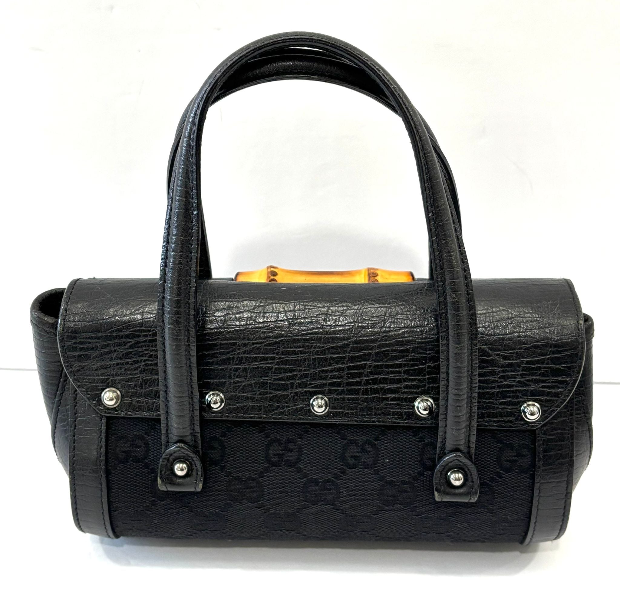 GUCCI SMALL GG MONOGRAM CALFSKIN LEATHER CANVAS BAMBOO BULLET BAG