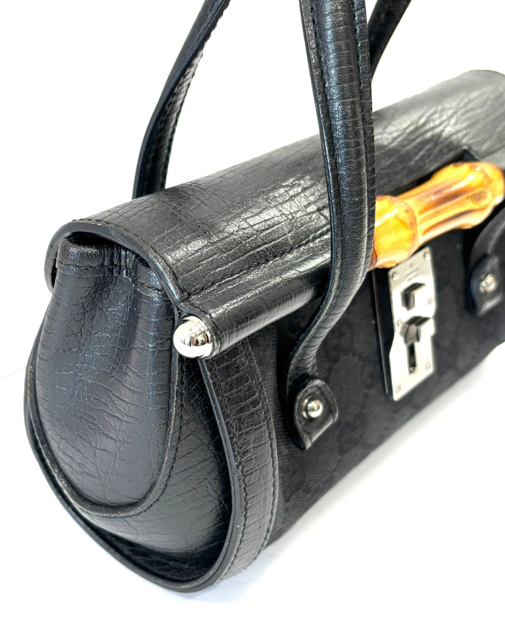 GUCCI SMALL GG MONOGRAM CALFSKIN LEATHER CANVAS BAMBOO BULLET BAG