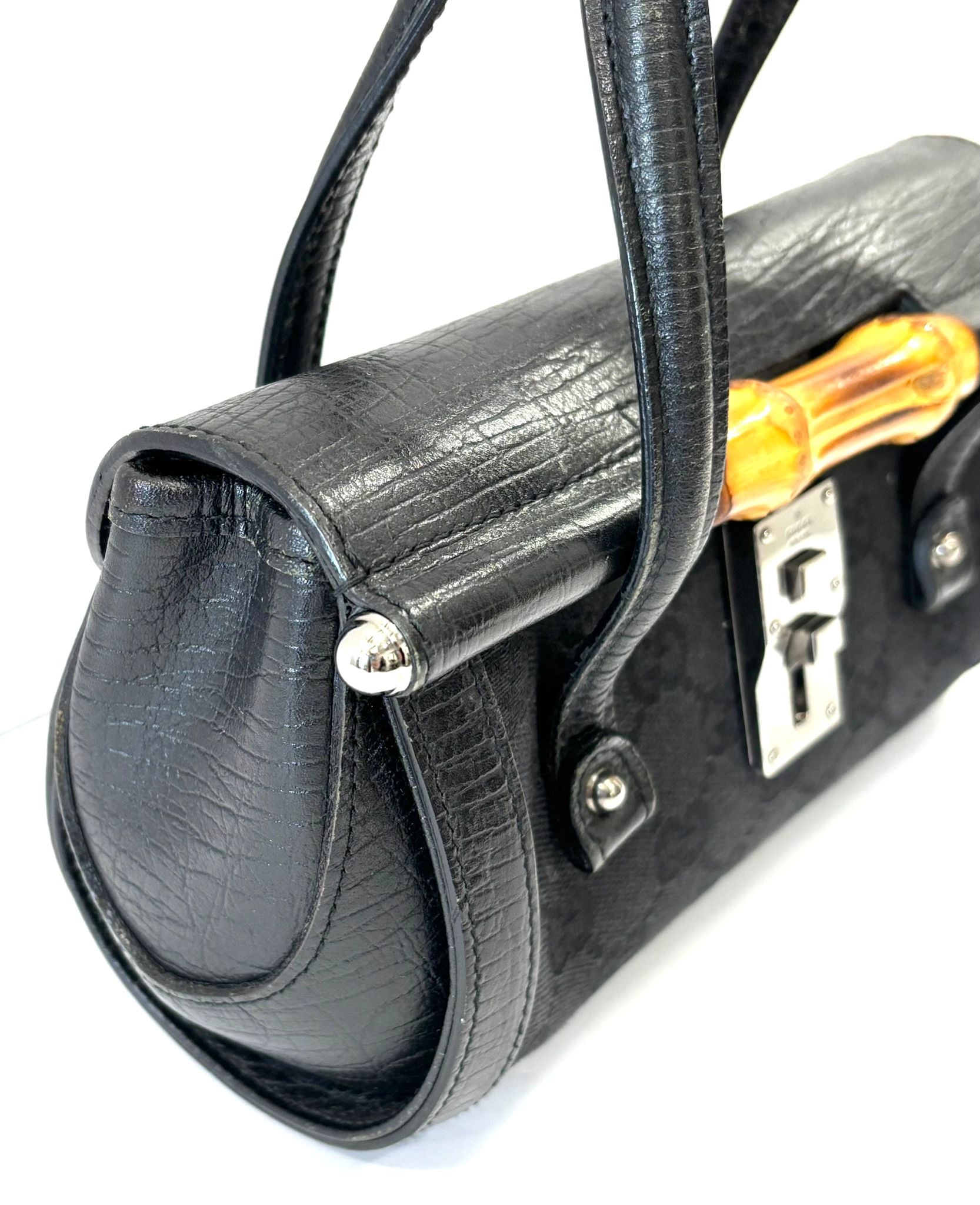 GUCCI SMALL GG MONOGRAM CALFSKIN LEATHER CANVAS BAMBOO BULLET BAG