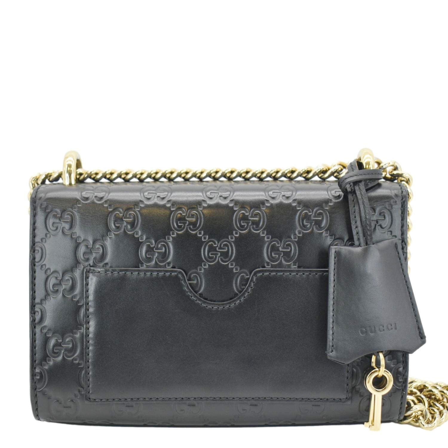 GUCCI Signature Padlock Leather Top Handle Shoulder Bag Black 409487