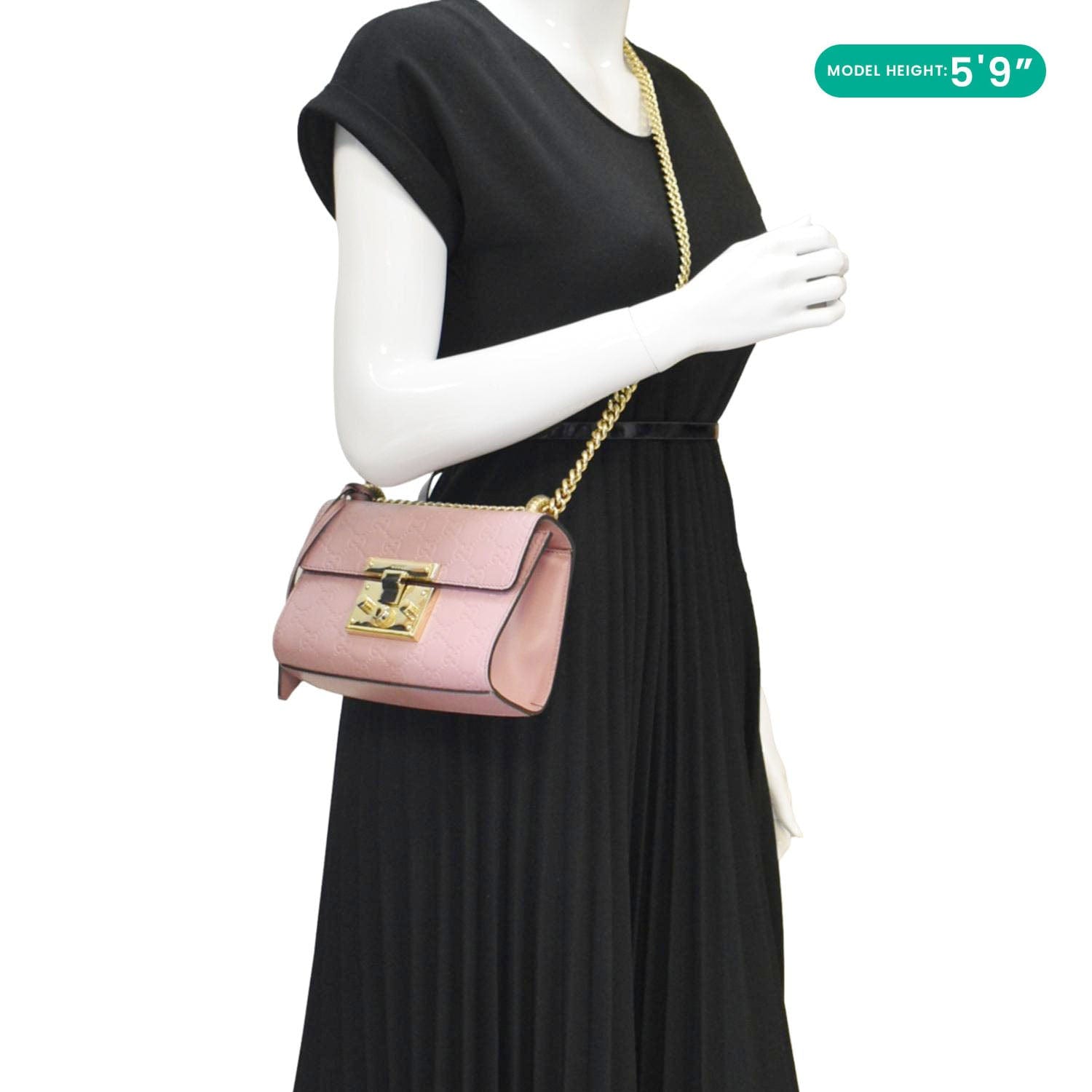 GUCCI Signature Padlock Leather Top Handle Shoulder Bag Pink 409487