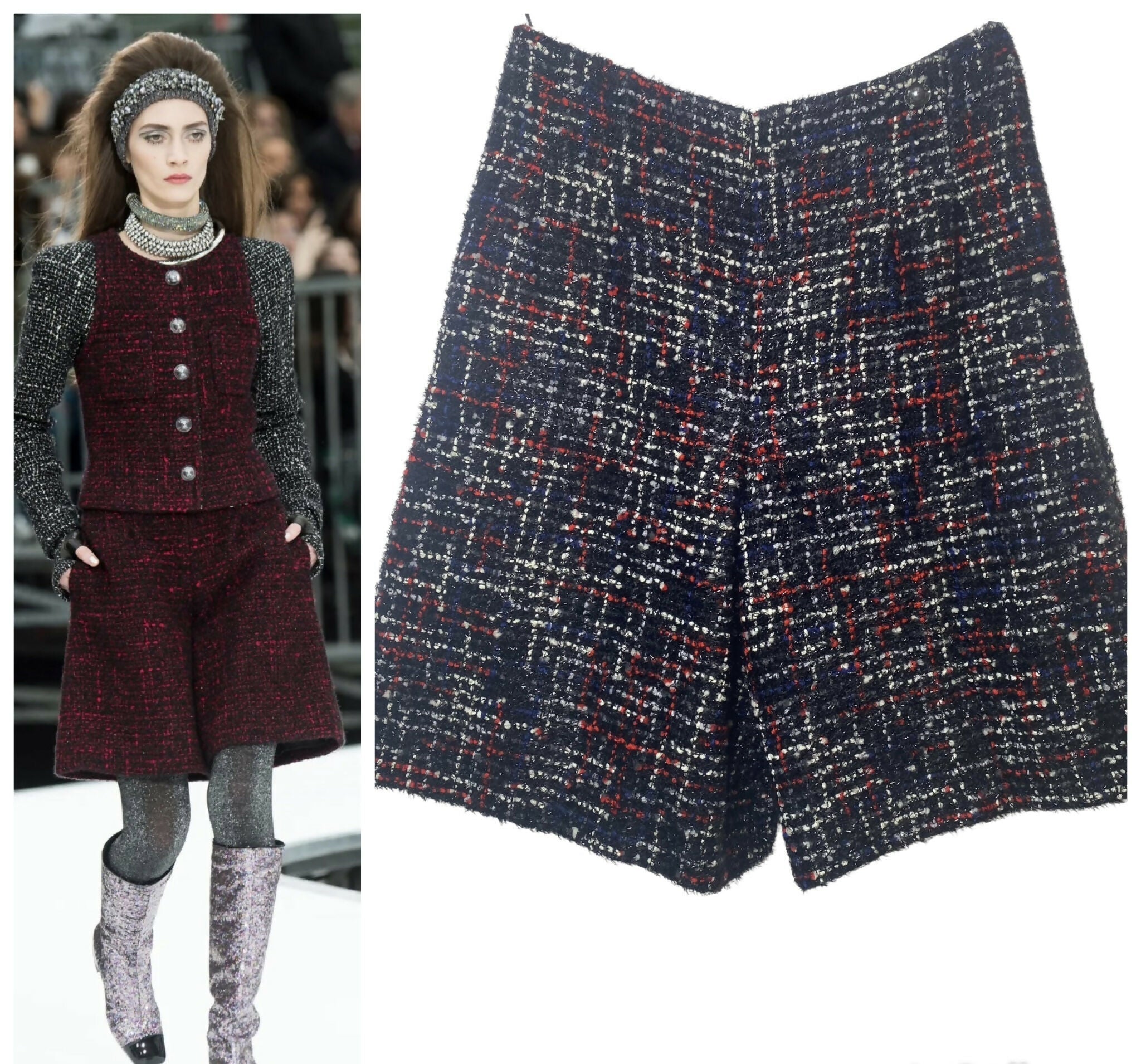 Chanel 17A Paris Cosmopolite Fantasy Tweed Black Red Blue White Shorts FR 36