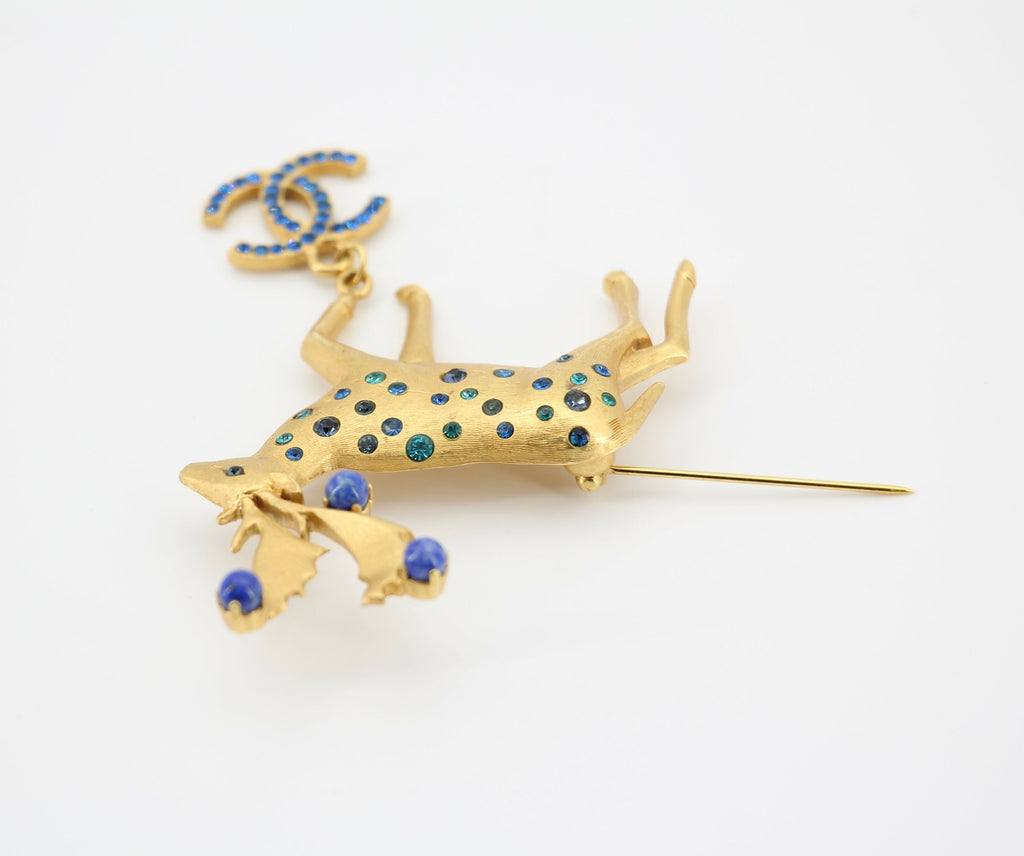Chanel Vintage 01A Rhinestone Blue Golden Green Reindeer Brooch
