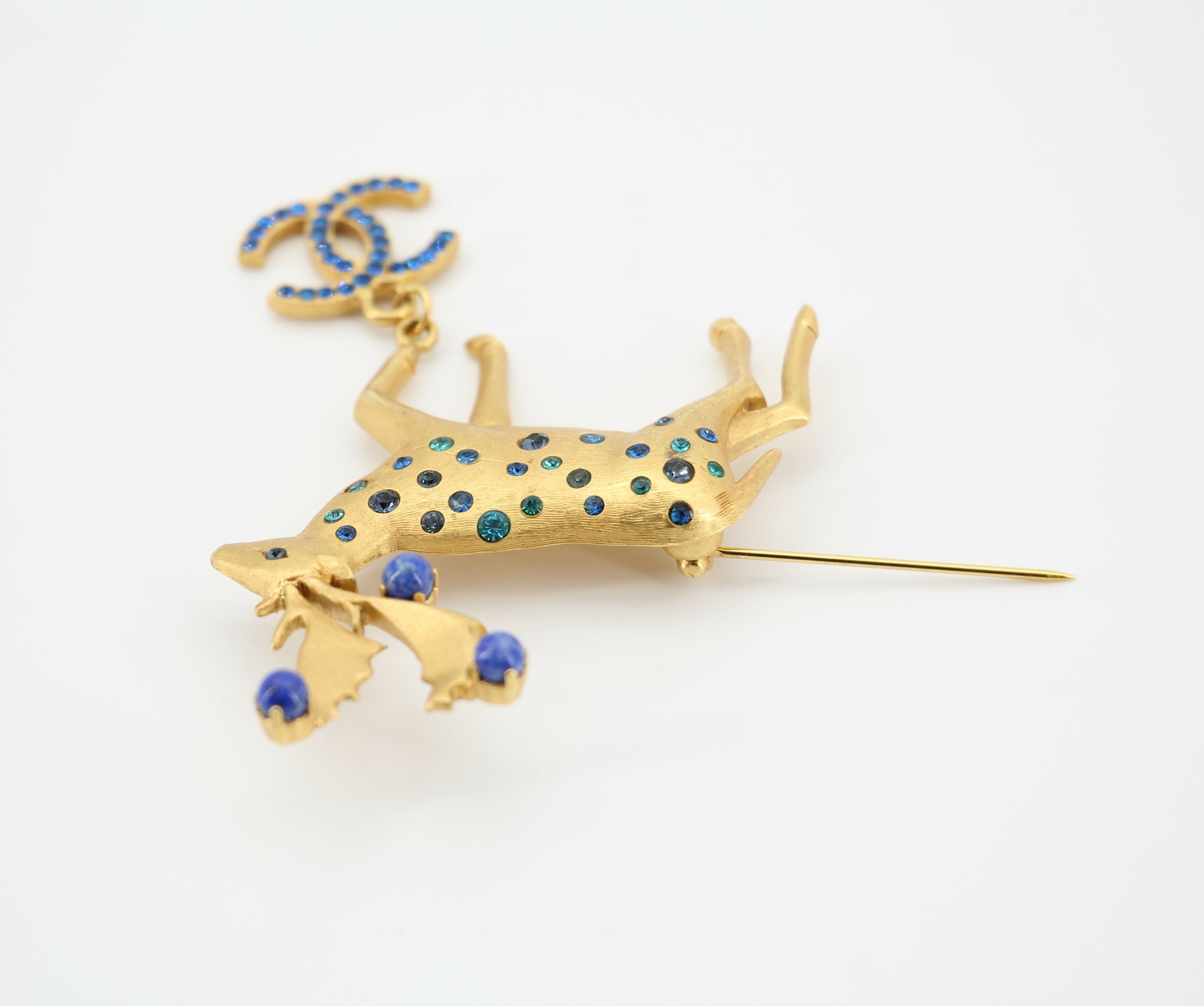 Chanel Vintage 01A Rhinestone Blue Golden Green Reindeer Brooch
