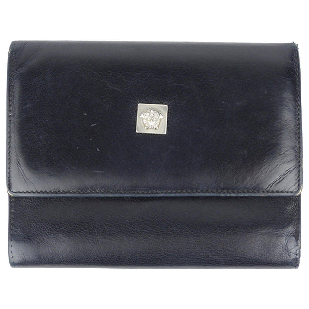 Gianni Versace Vintage 1990's Black Medusa Tri-Fold Wallet