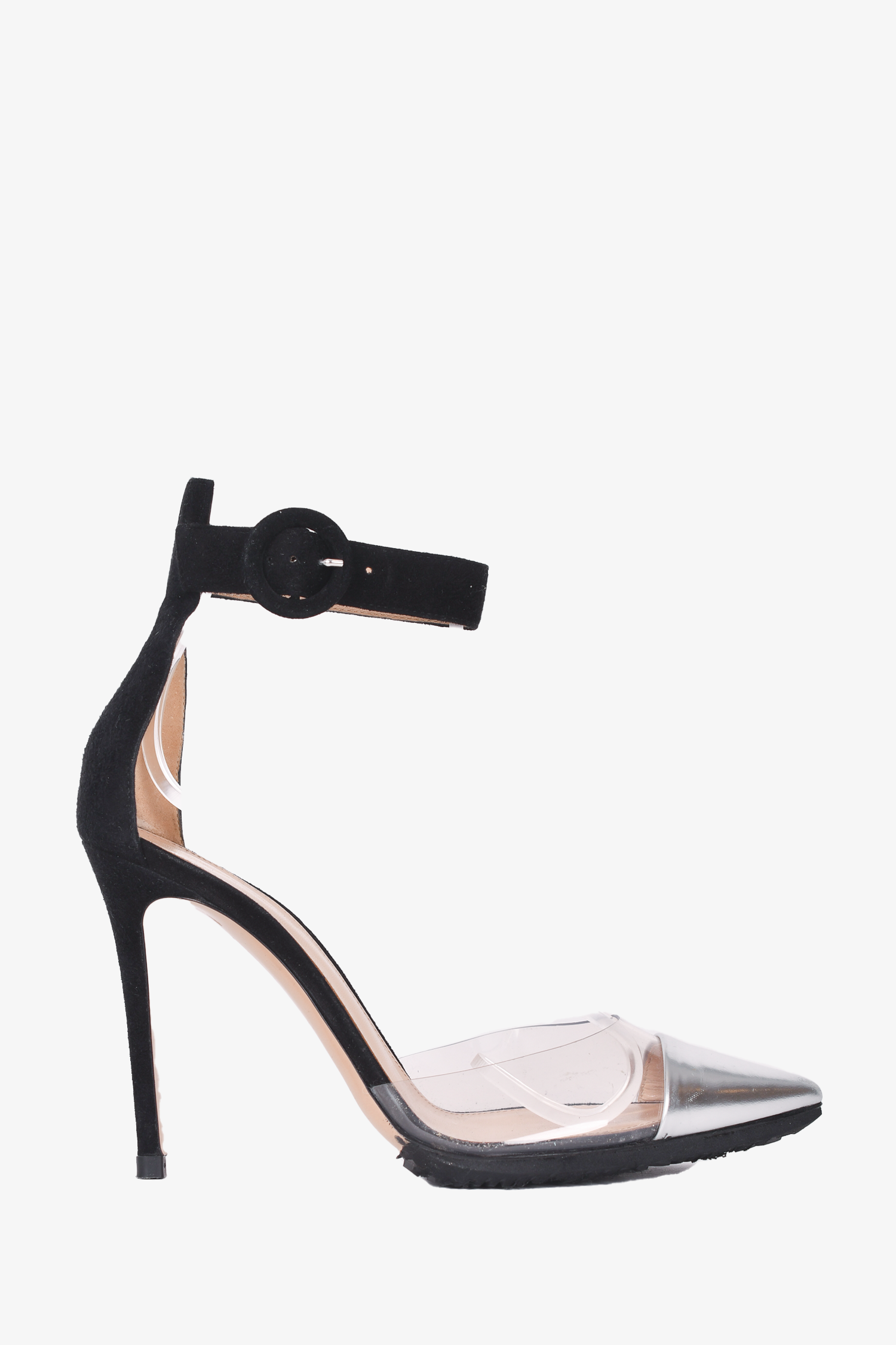 Gianvito Rossi Black/Silver Suede and PVC Ankle Strap Sandals Size 36