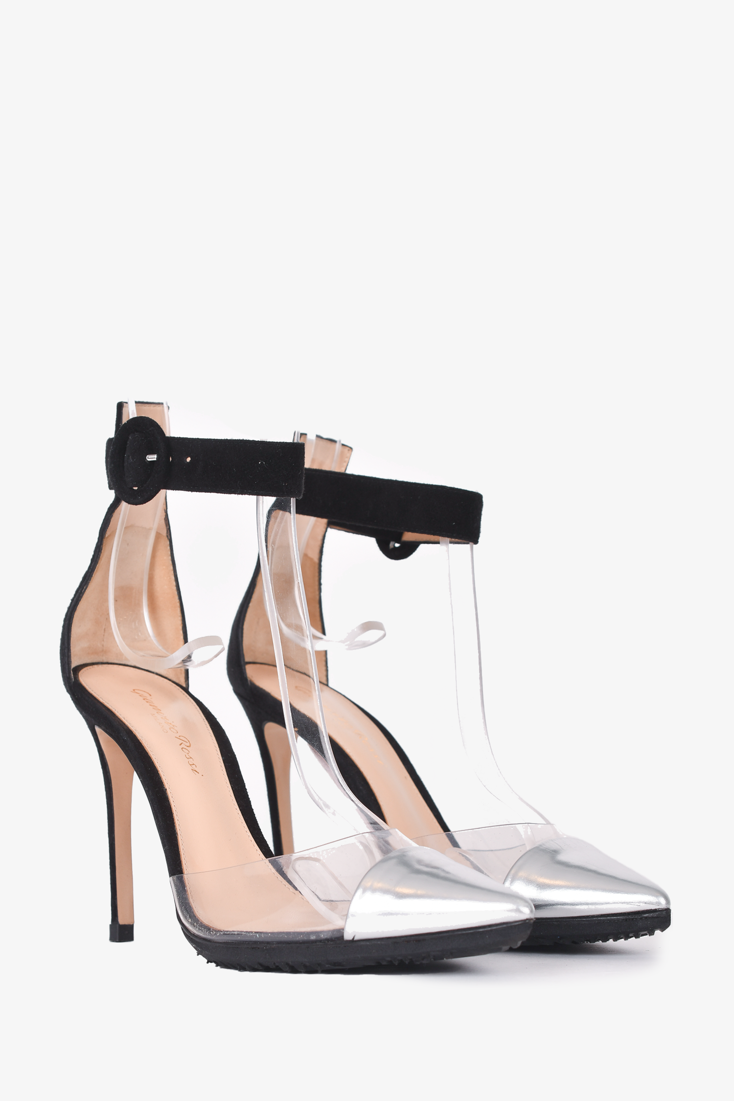 Gianvito Rossi Black/Silver Suede and PVC Ankle Strap Sandals Size 36