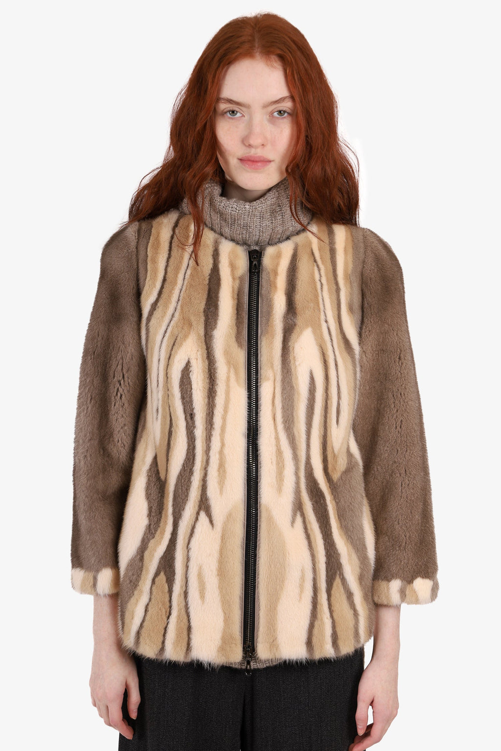 Giorgio Magnani Beige/Multicolor Mink Zip-up Jacket Size 42