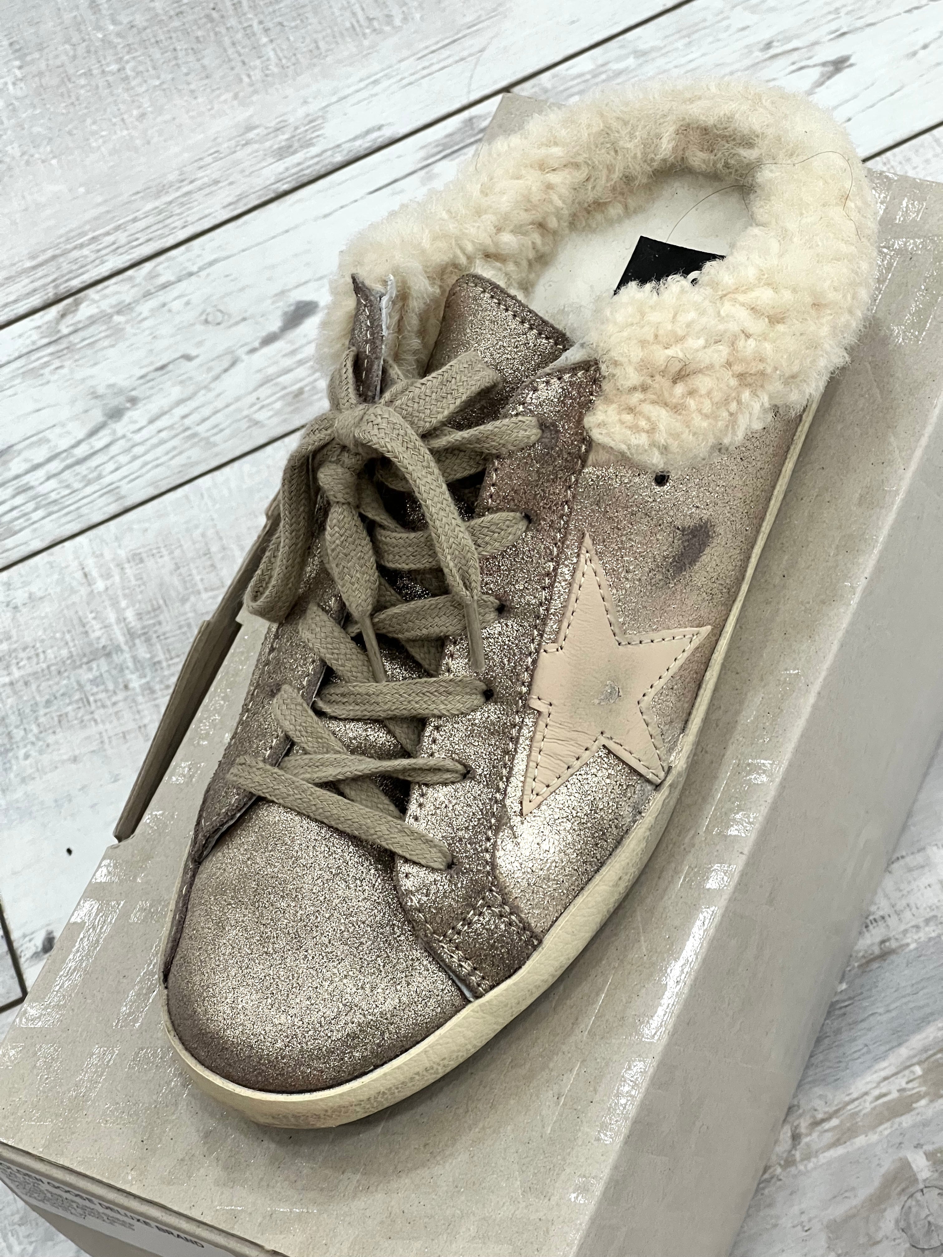GOLDEN GOOSE SUPERSTAR SABOT METALLIC SHEARLING SNEAKERS MULES