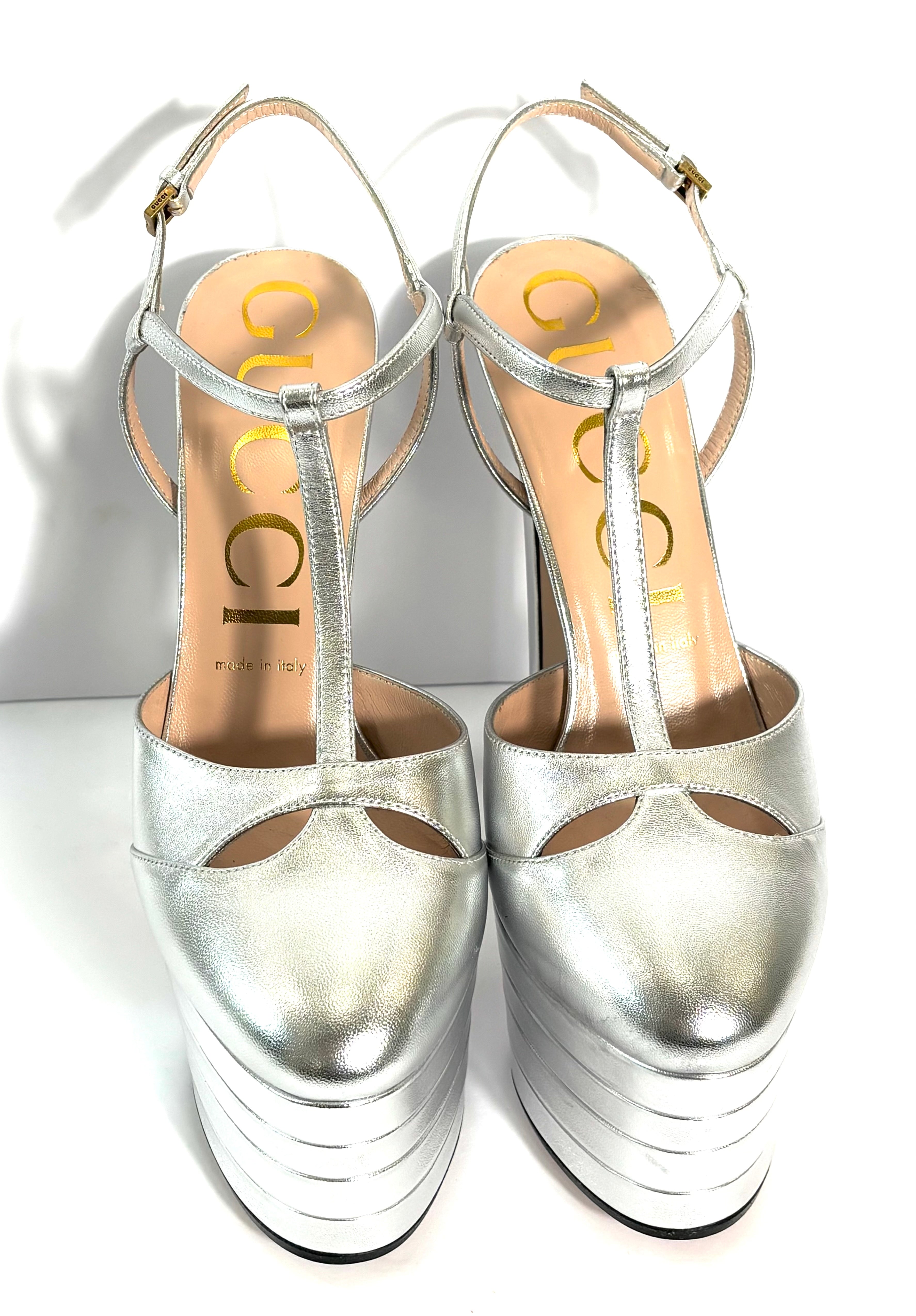 GUCCI ANGEL METALLIC SILVER LEATHER PLATFORM PUMPS