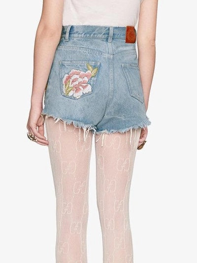 GUCCI EMBROIDERED RAW EDGE DENIM SHORTS
