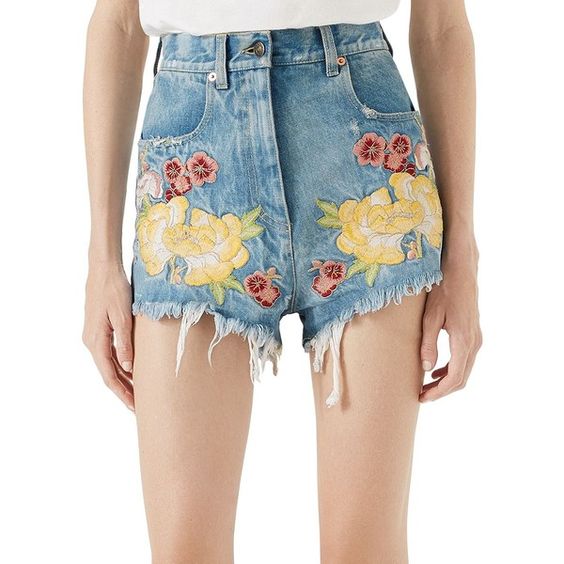 GUCCI EMBROIDERED RAW EDGE DENIM SHORTS