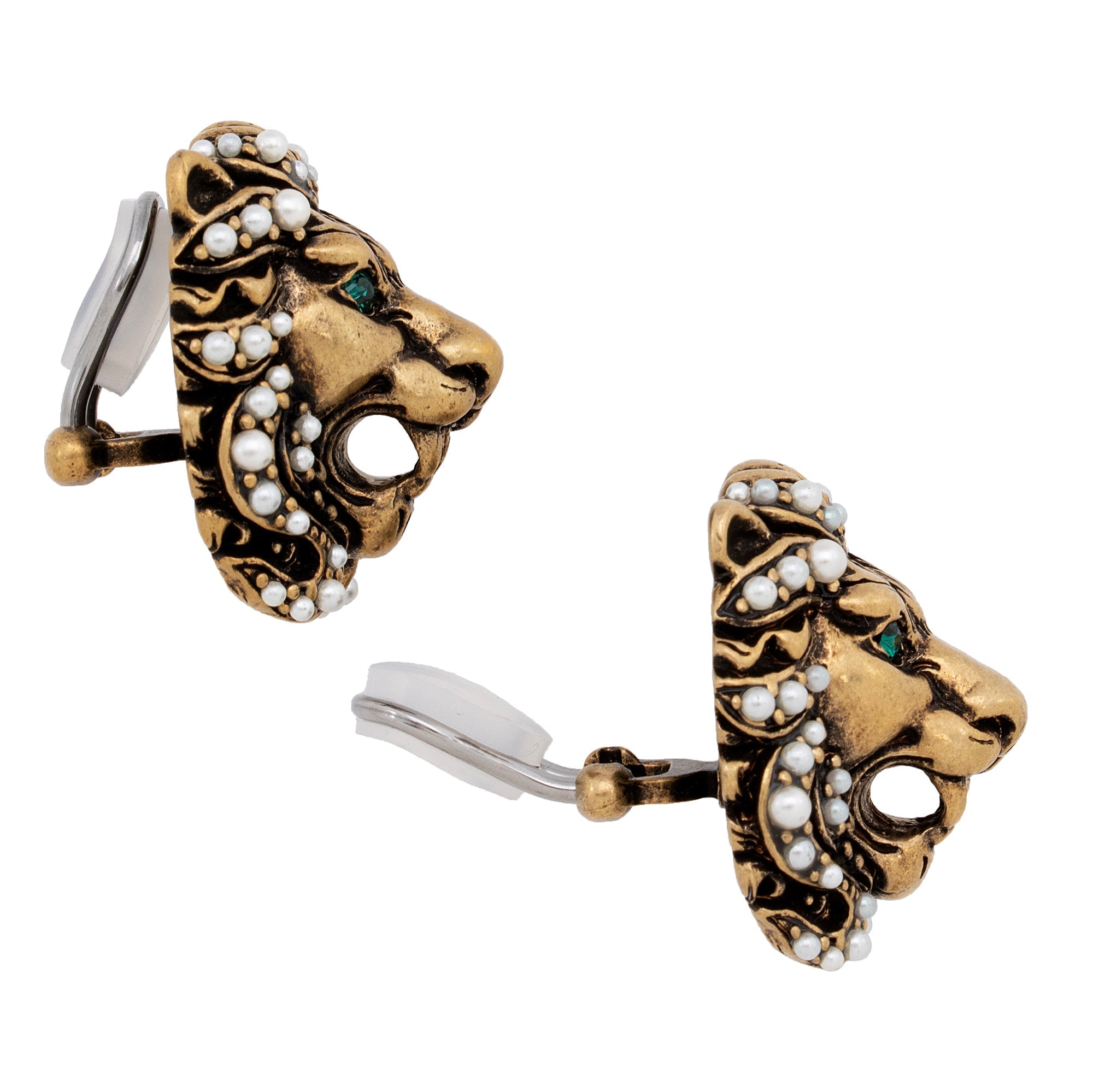 Gucci Faux Pearl Crystal Lion Head Clip On Earrings (SHF-22367)