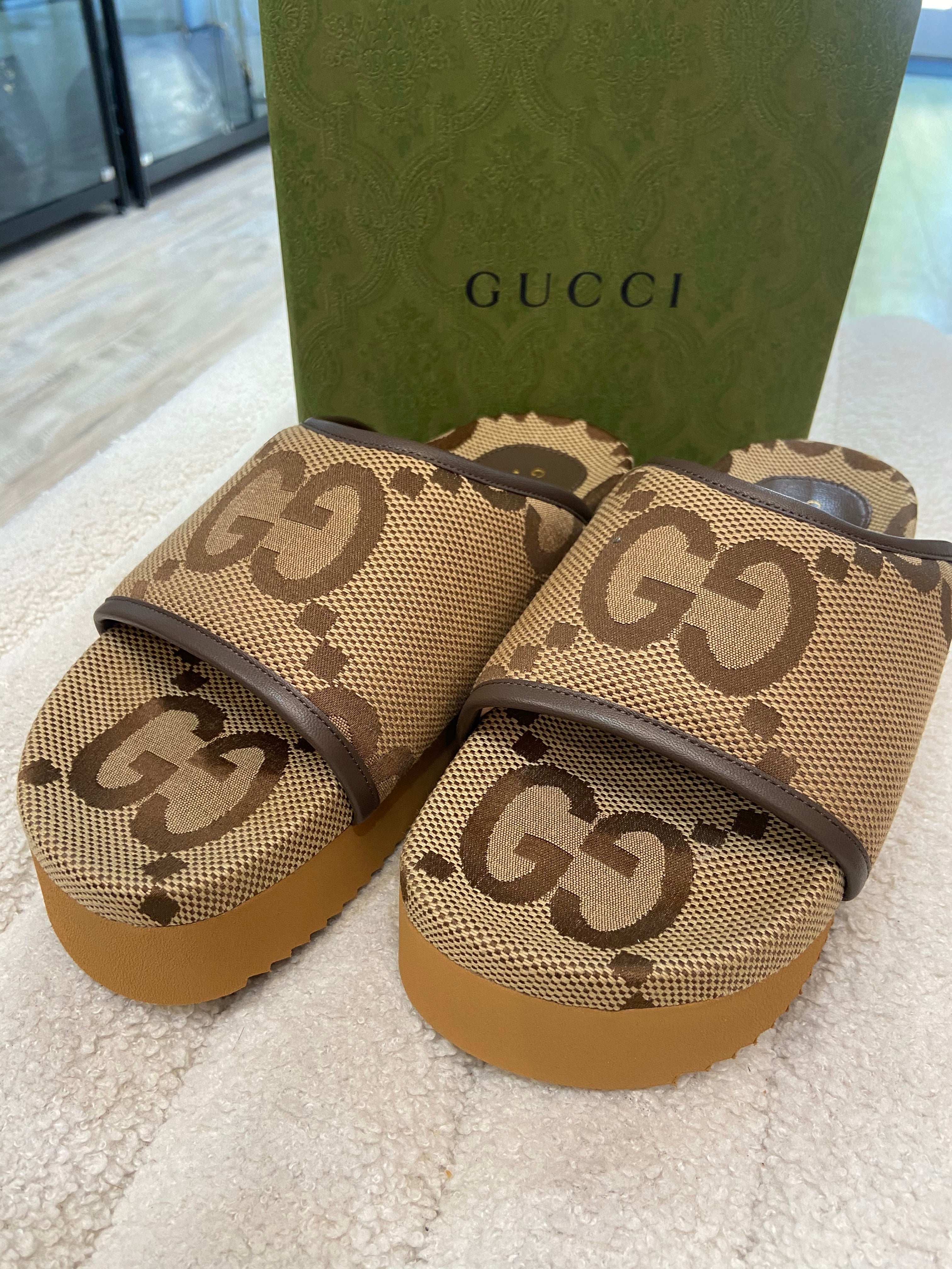 GUCCI GG JUMBO NAPPA CANVAS PLATFORM SLIDE SANDALS