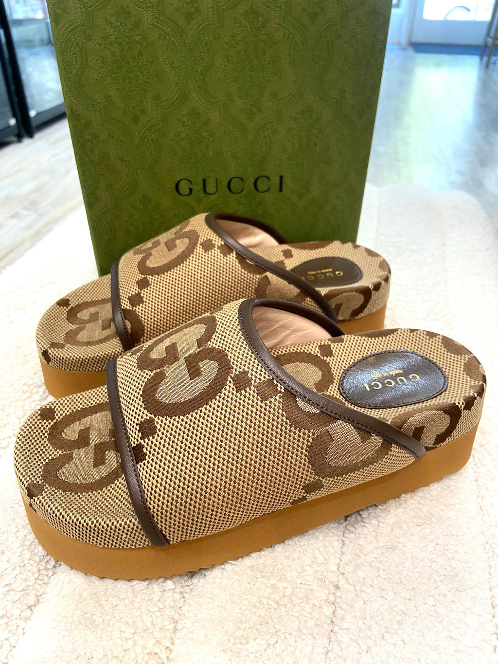 GUCCI GG JUMBO NAPPA CANVAS PLATFORM SLIDE SANDALS