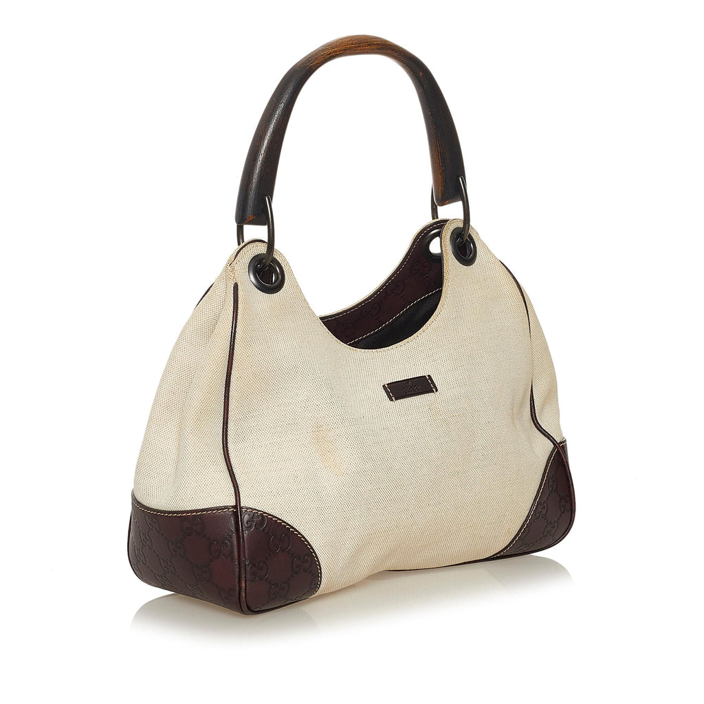 Gucci Guccissima-Trimmed Canvas Colbert Wooden Handle Shoulder Bag (SHG-34854)