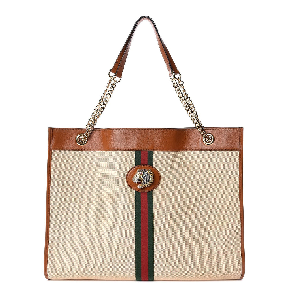 GUCCI LARGE RAJHA WEB TIGER CANVAS LEATHER TOTE BAG