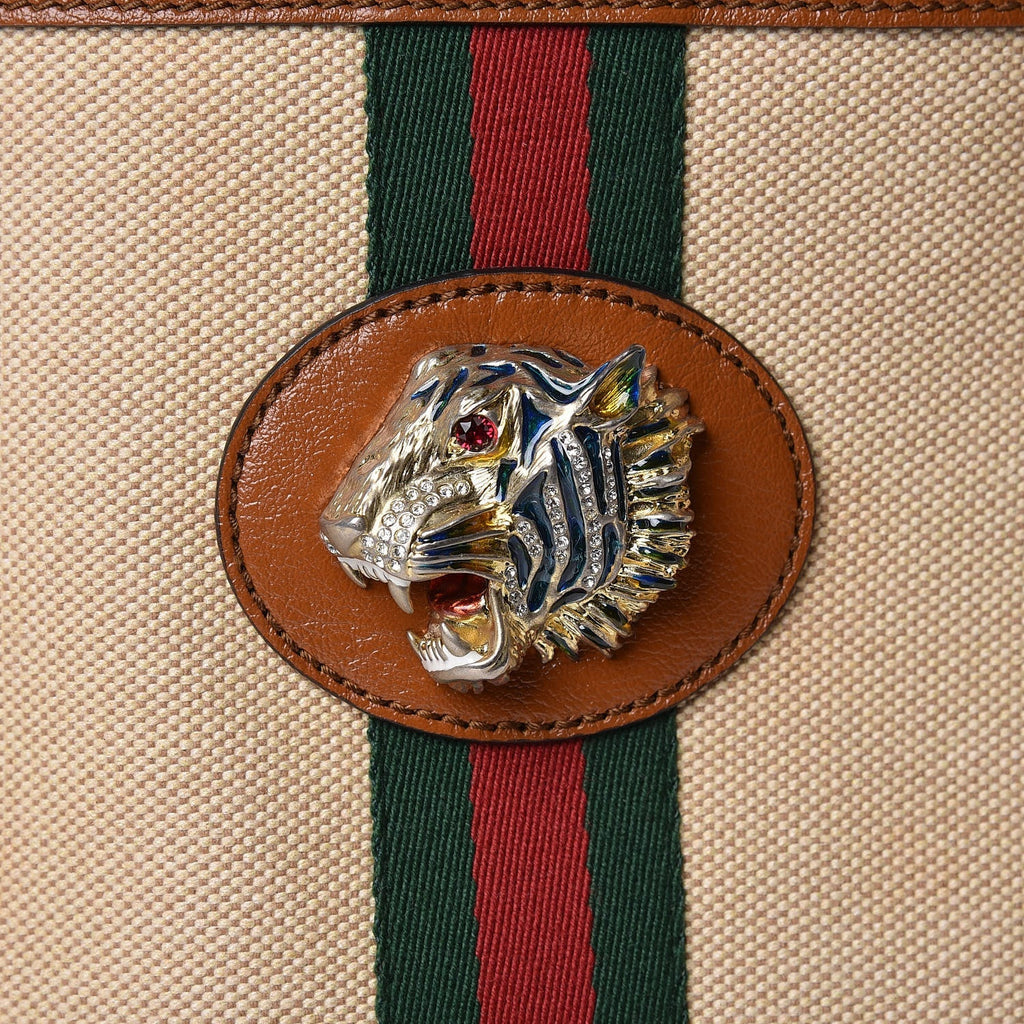 GUCCI LARGE RAJHA WEB TIGER CANVAS LEATHER TOTE BAG