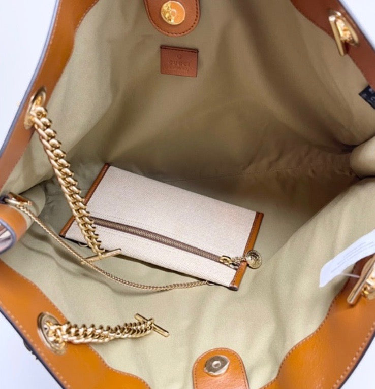 GUCCI LARGE RAJHA WEB TIGER CANVAS LEATHER TOTE BAG