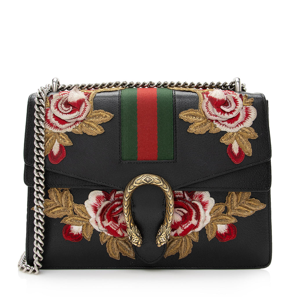 Gucci Leather Embroidered Rose Dionysus Medium Shoulder Bag (SHF-22427)