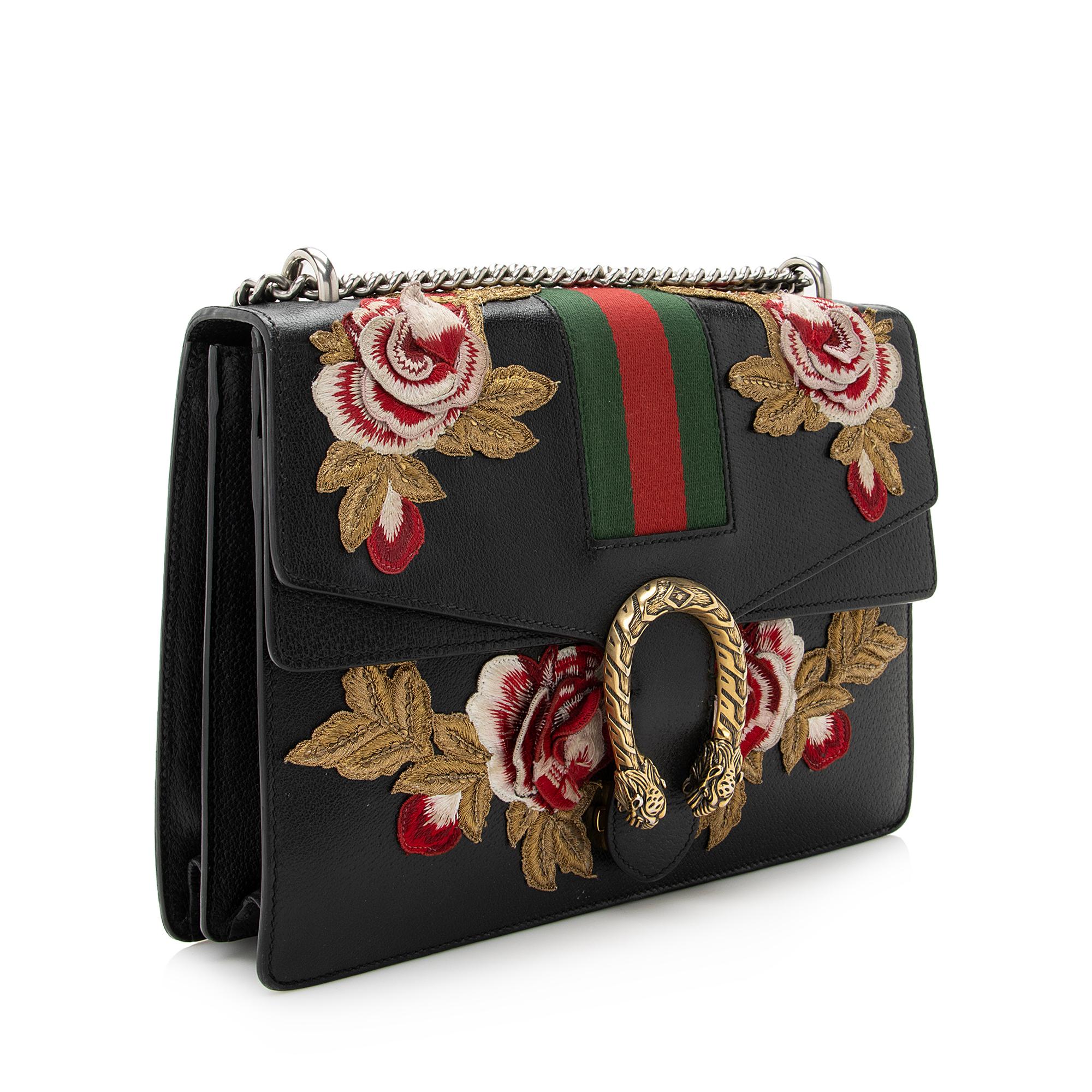 Gucci Leather Embroidered Rose Dionysus Medium Shoulder Bag (SHF-22427)