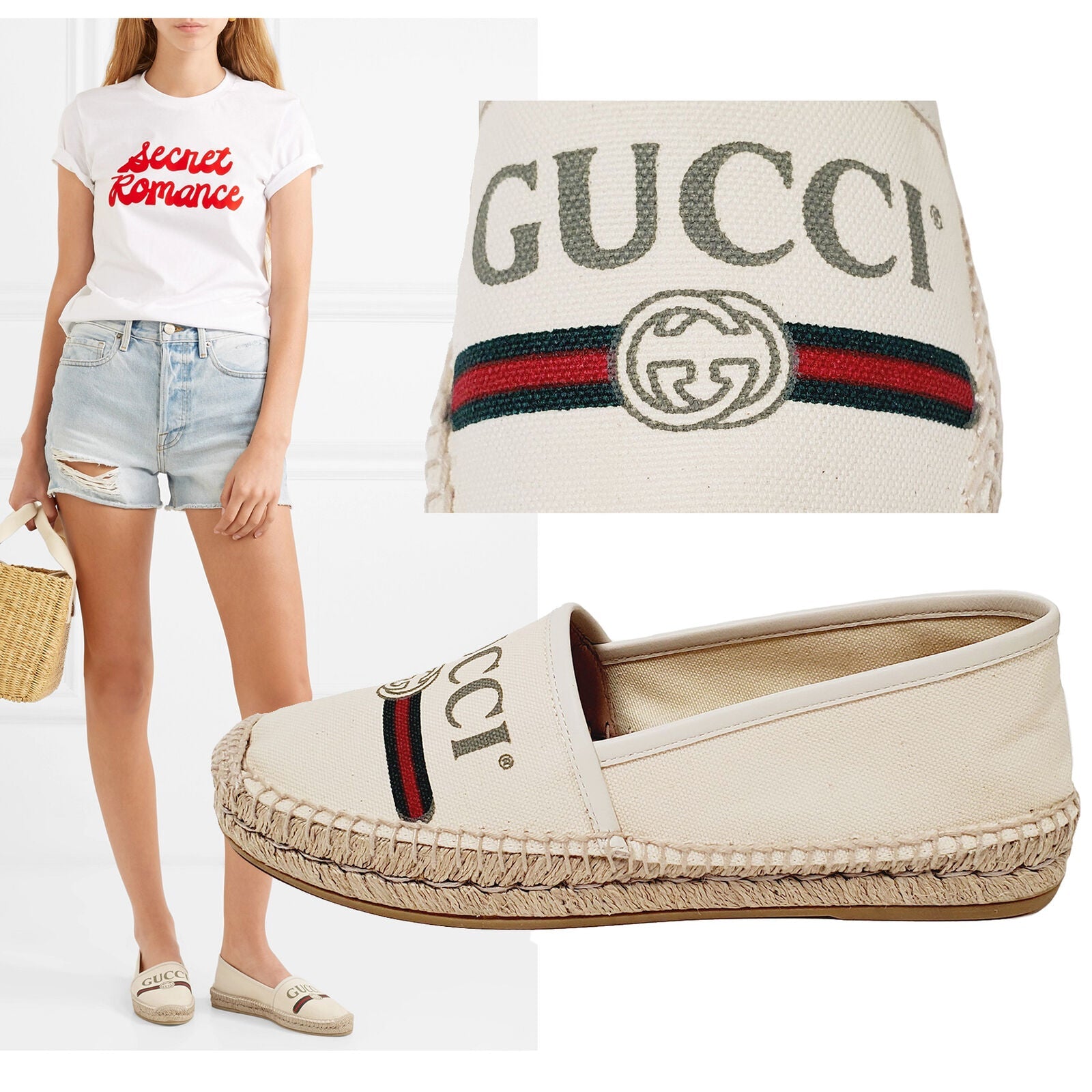GUCCI GG LOGO WEB LEATHER TRIMMED CANVAS ESPADRILLES