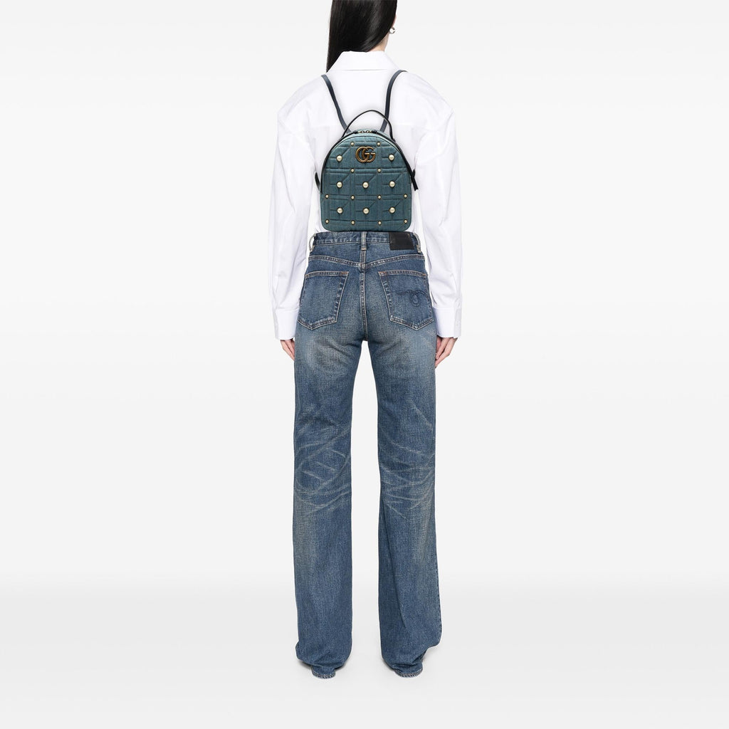 Gucci Small GG Marmont Pearl Studded Matelasse Denim Backpack