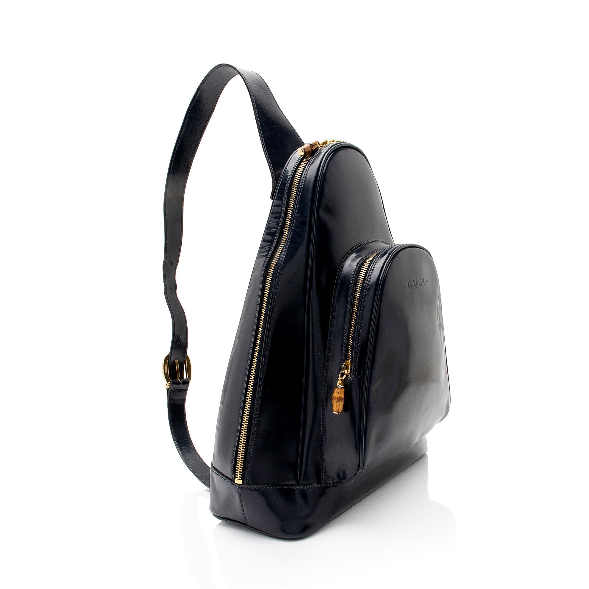 Gucci Vintage Patent Leather Bamboo Sling Backpack (SHF-dSK8BK)