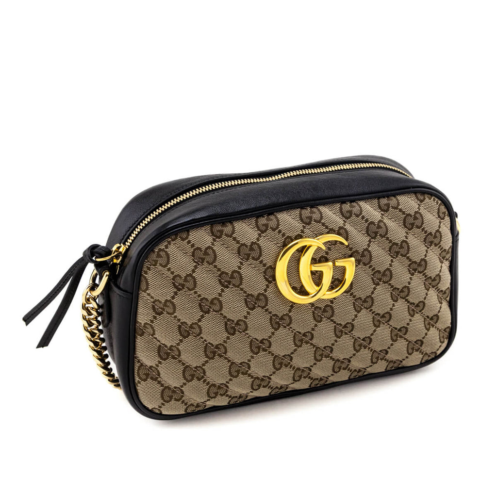 Gucci Beige & Black Monogram Matelasse Diagonal Small GG Marmont Chain Shoulder Bag