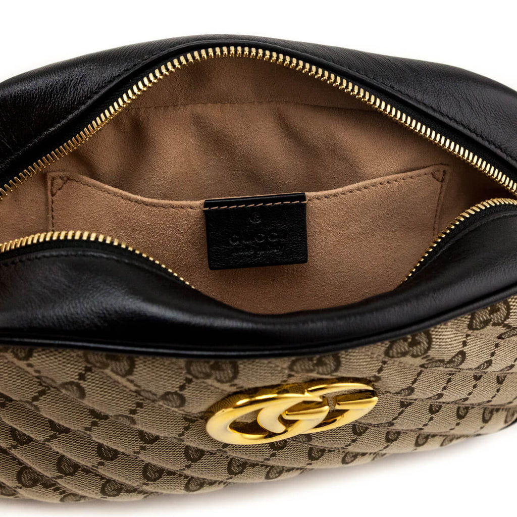 Gucci Beige & Black Monogram Matelasse Diagonal Small GG Marmont Chain Shoulder Bag