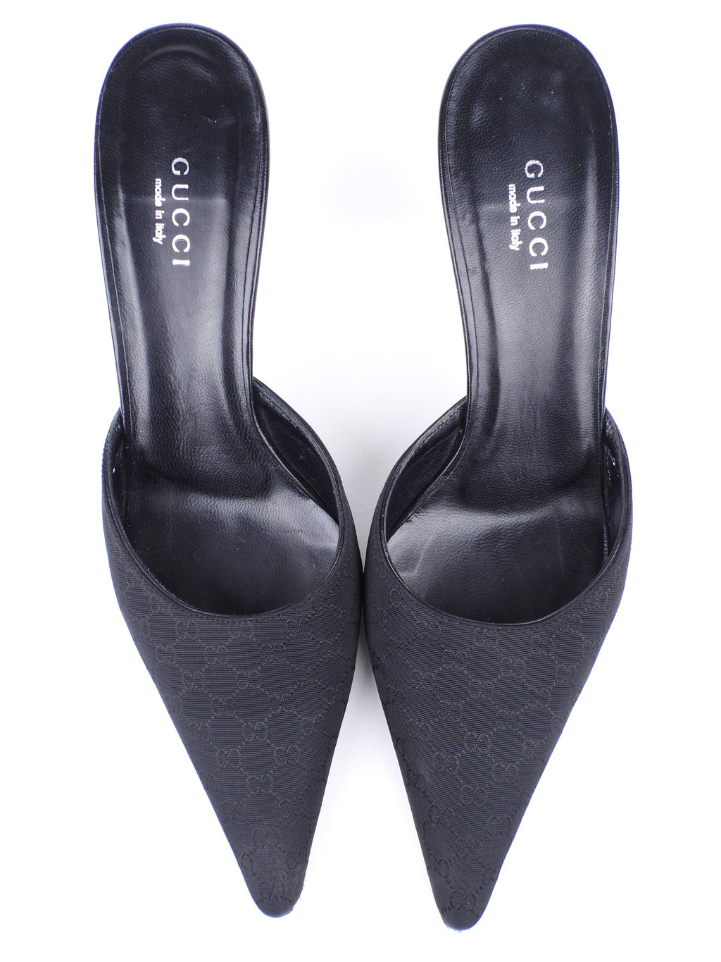 Gucci Black GG Monogram Canvas and Leather Stiletto Heel Mules - 36
