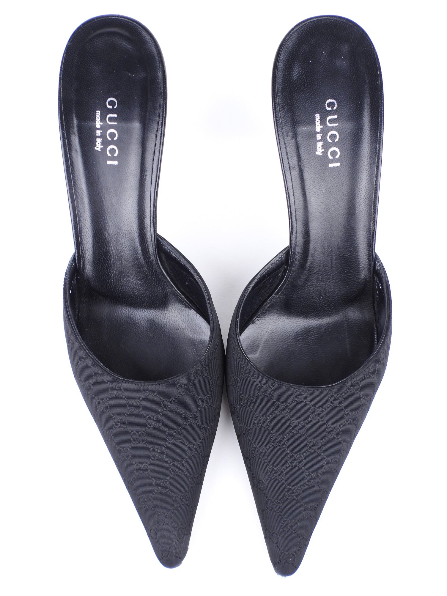 Gucci Black GG Monogram Canvas and Leather Stiletto Heel Mules - 36