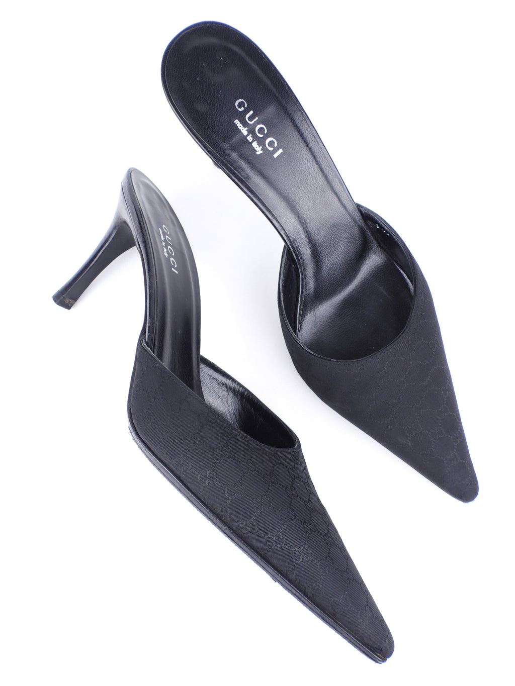Gucci Black GG Monogram Canvas and Leather Stiletto Heel Mules - 36